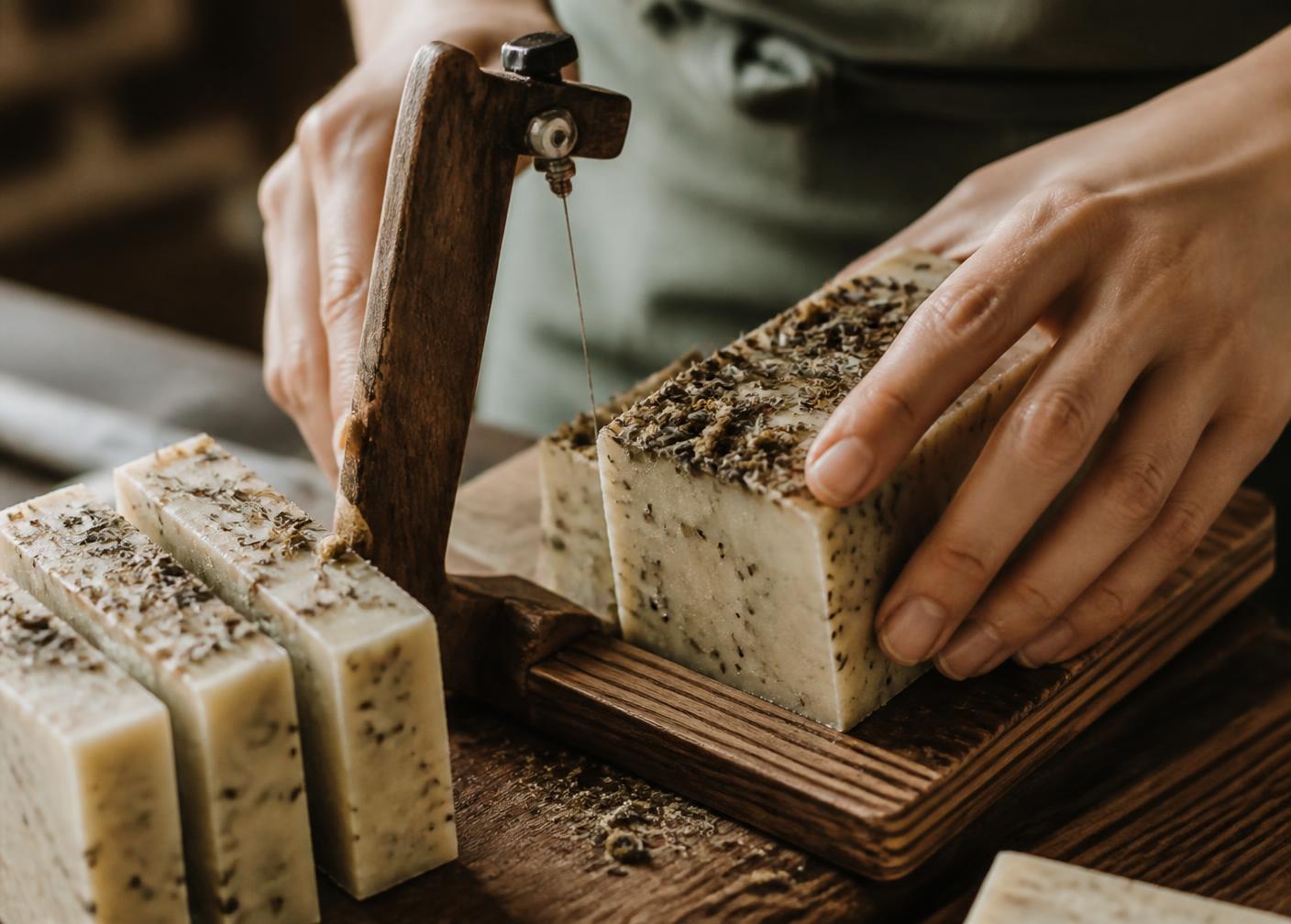 Hands cutting a loaf of handmade cold-process soap with a wire cutter