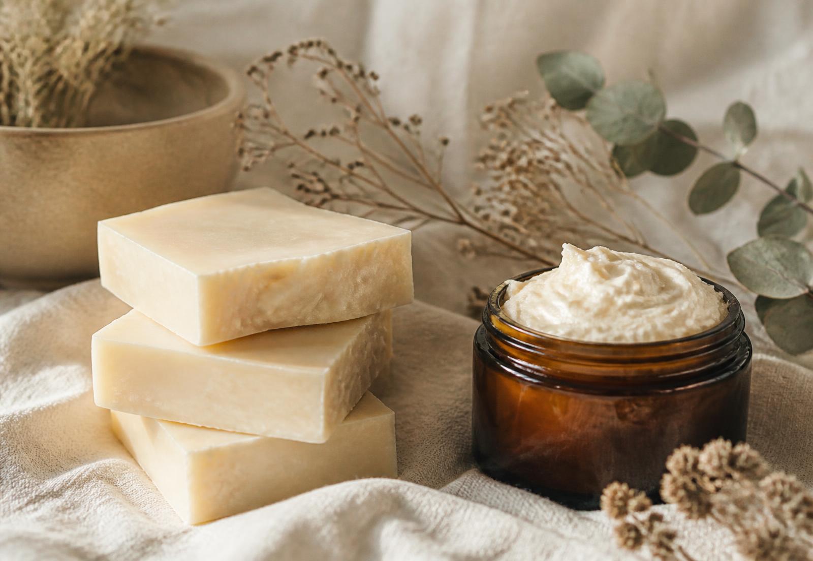 Handmade soap bars and a jar of whipped body butter on ivory linen with dried botanicals