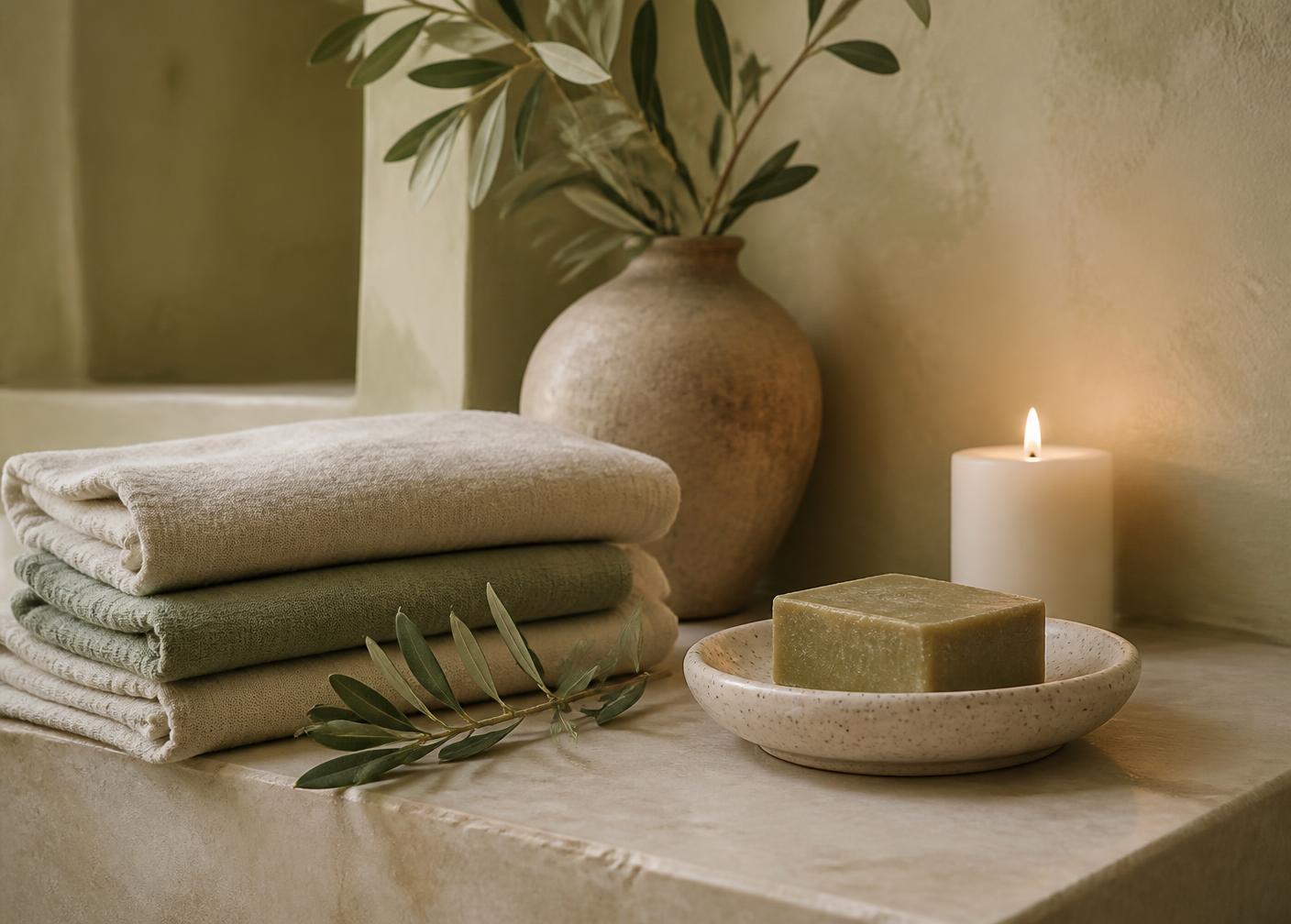 Folded linen towels, a candle and a handmade soap bar in a ceramic dish